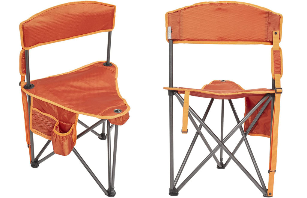 Two views of the Lightspeed Outdoors Tripod Chair, a small camp chair with three legs for stability, a cup holder, and a storage pocket