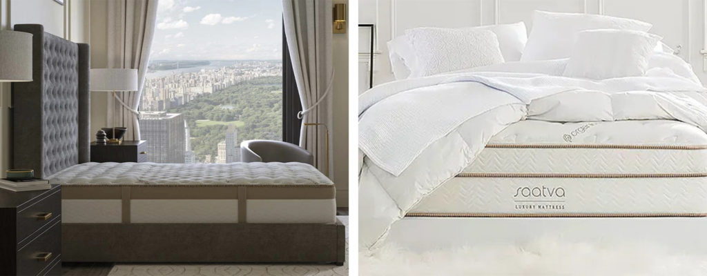 A Saatva mattress in a room that looks like a high end hotel room (left) and a Saatva mattress shown with white bedding (right)
