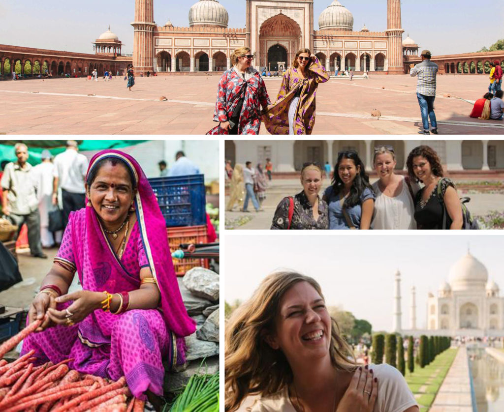 A collage of images of women involved in the Intrepid Travel:India: Women’s Expedition trip in various locations