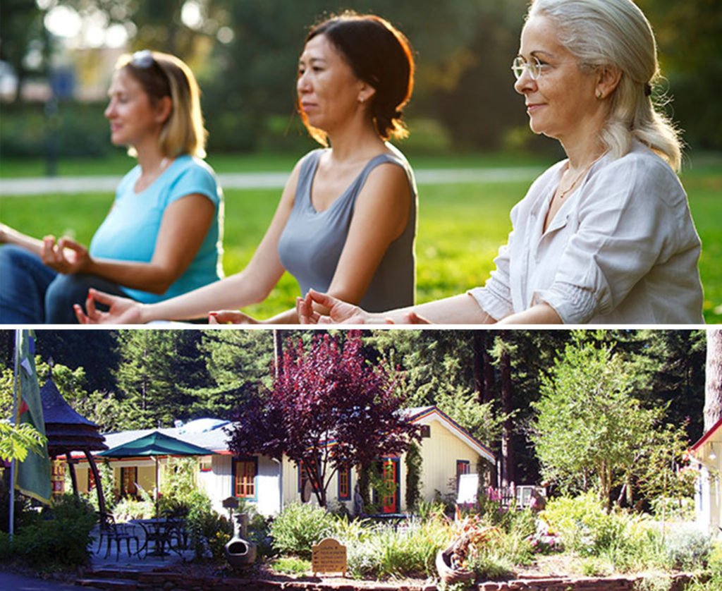 Three women meditating outside (top) and a small cottage surrounded by vegetation (bottom)