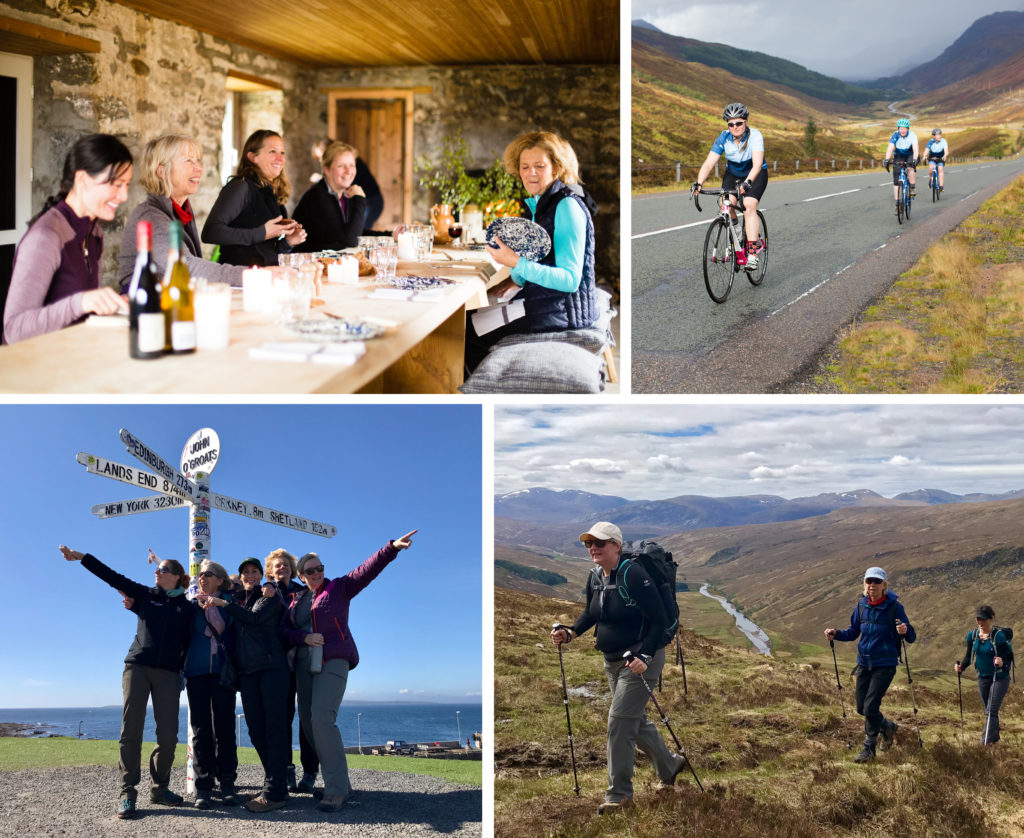 A collage of images of women taking part in the Wilderness Scotland: Road Cycling Scotland’s National Parks trip