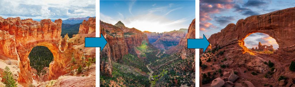 A graphic showing three images of Bryce Canyon, Zion, Arches National Park with arrows between, indicating the direction flow of a road trip from destination to destination