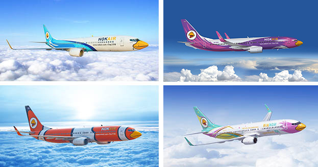 Four images of airplanes painted like birds from Nok Air