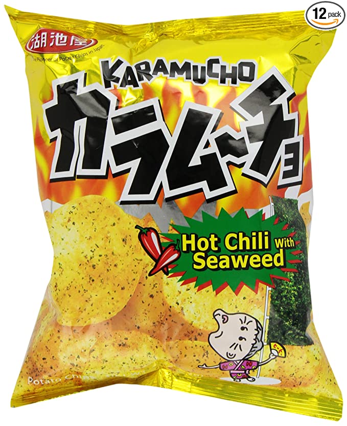 A gold bag of Koikeya Karamucho’s Spicy Seaweed Potato Chips