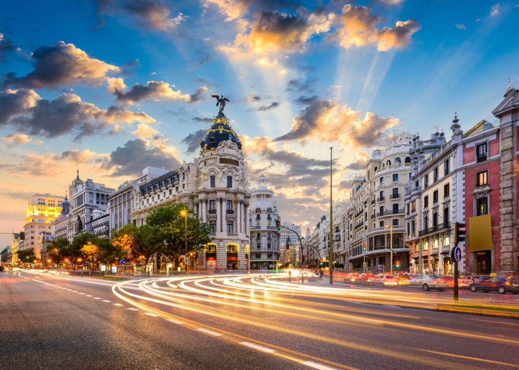 Time lapse of street in Madrid at sunset
