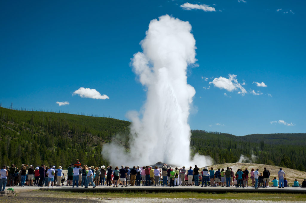 Large crowd at Old Faithful, Yellowstone National Park