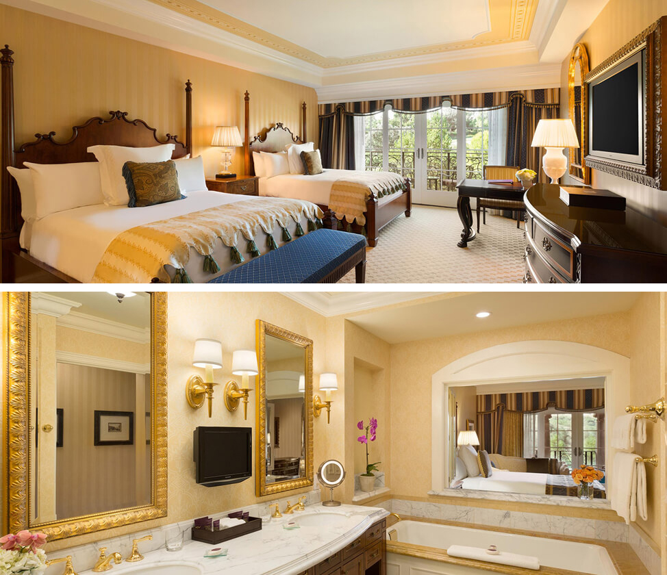 Guest room bedroom (top) and bathroom (bottom) at the Fairmont Grand Del Mar hotel