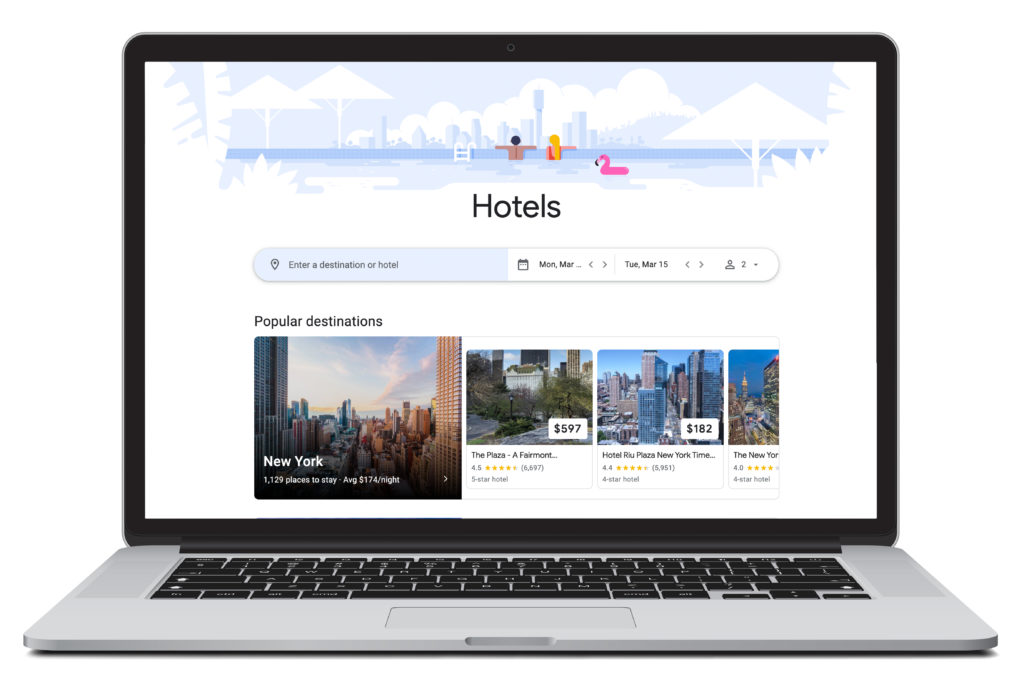 Open laptop showing home screen of Google Hotels