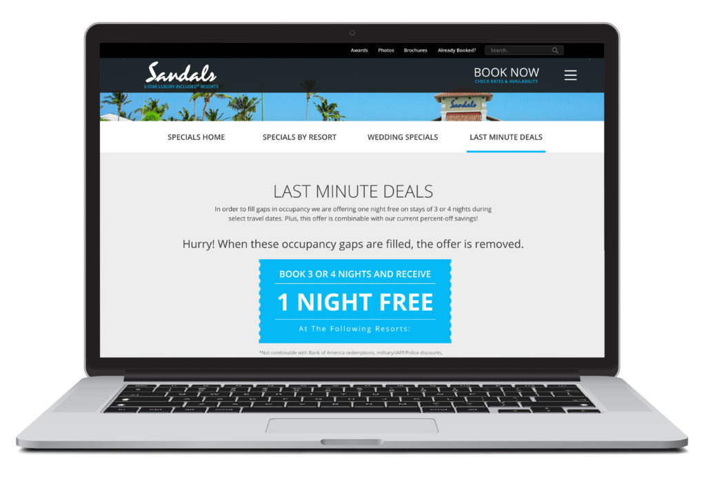 An open laptop showing the last minute deals page of Sandals resorts