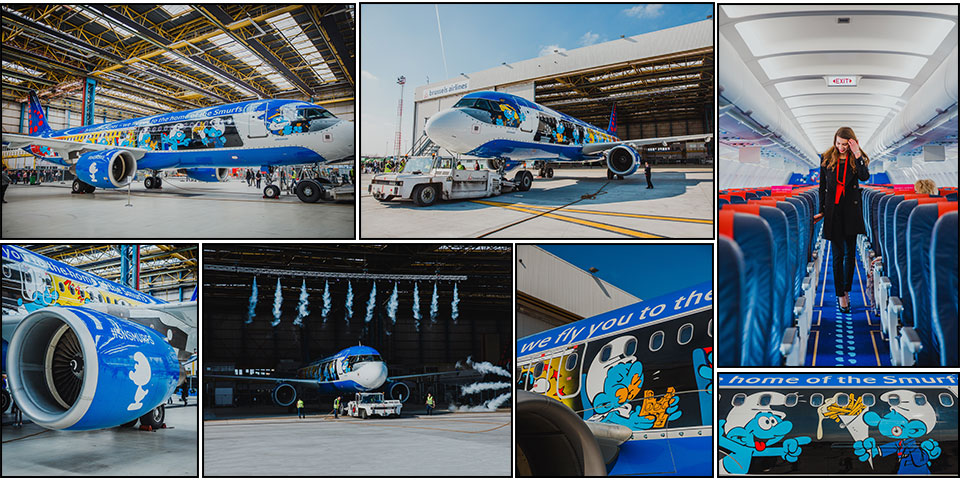 A collage of images of the Aerosmurf jet, a jet featuring paintings of the Smurfs, from Brussels Airlines