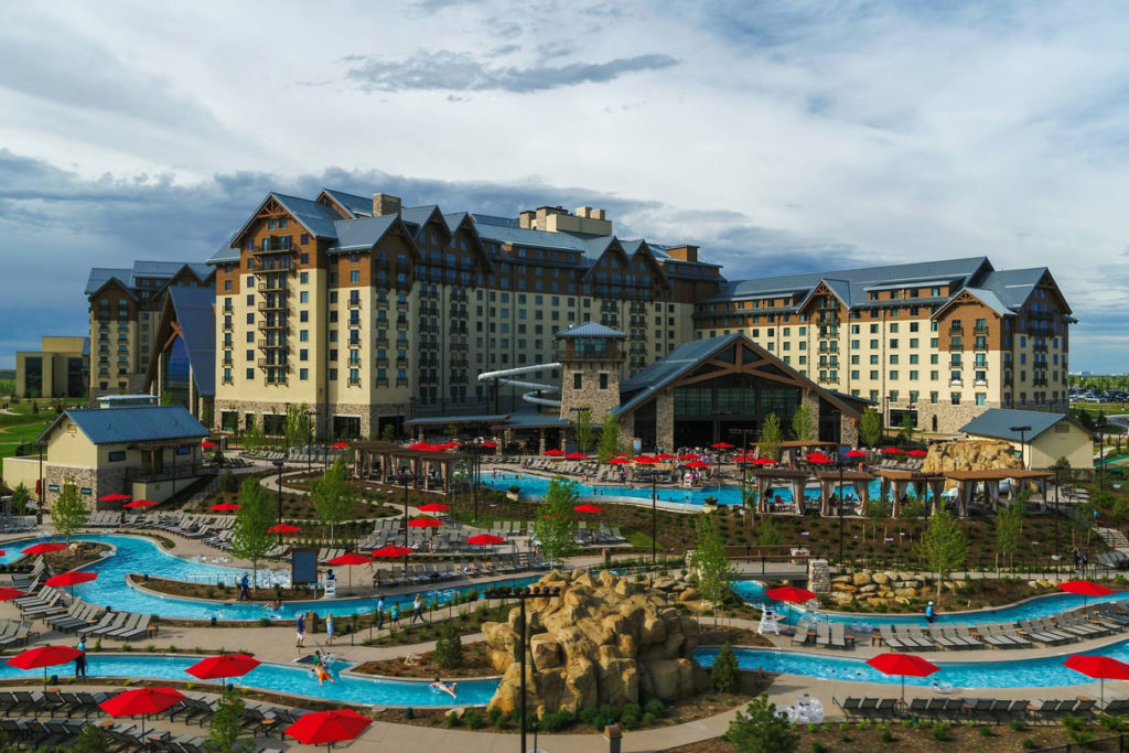 Exterior of Gaylord Rockies Resort in Denver, Colorado featuring lazy river