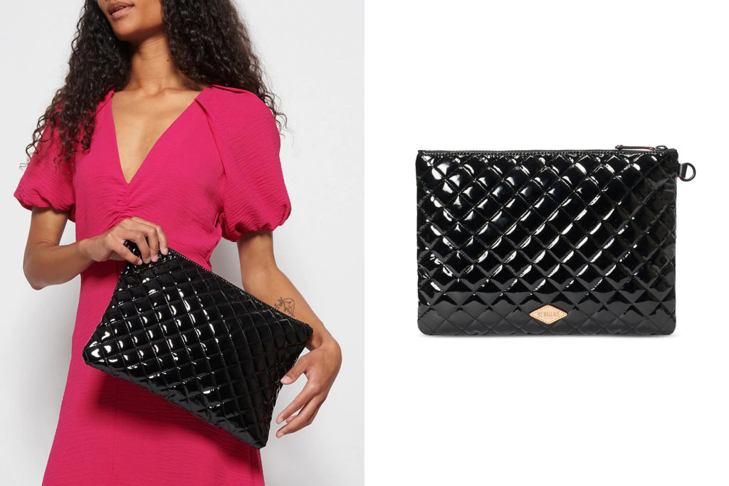 Woman holding MZ Wallace Metro Quilted Pouch (left) andMZ Wallace Metro Quilted Pouch (right)