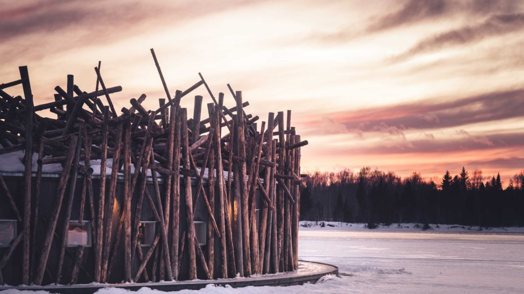 Exterior of the overwater spa at Arctic Bath, Sweden