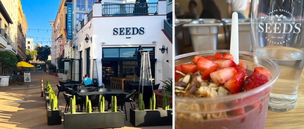 Street view of SEEDS and image of smoothie bowl and glass of water with SEEDS logo on it