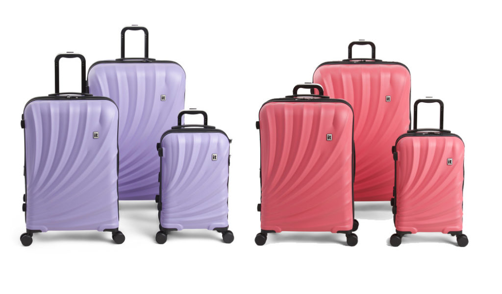 Set of purple luggage (left) and set of pink luggage (right)