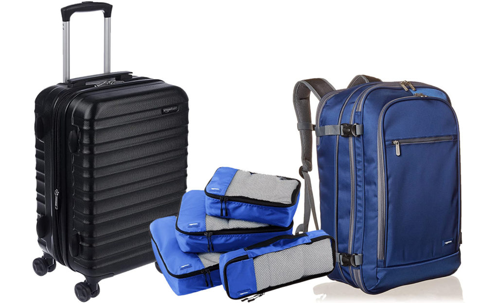 Amazon Basics rolling suitcase, packing cubes, and backpack