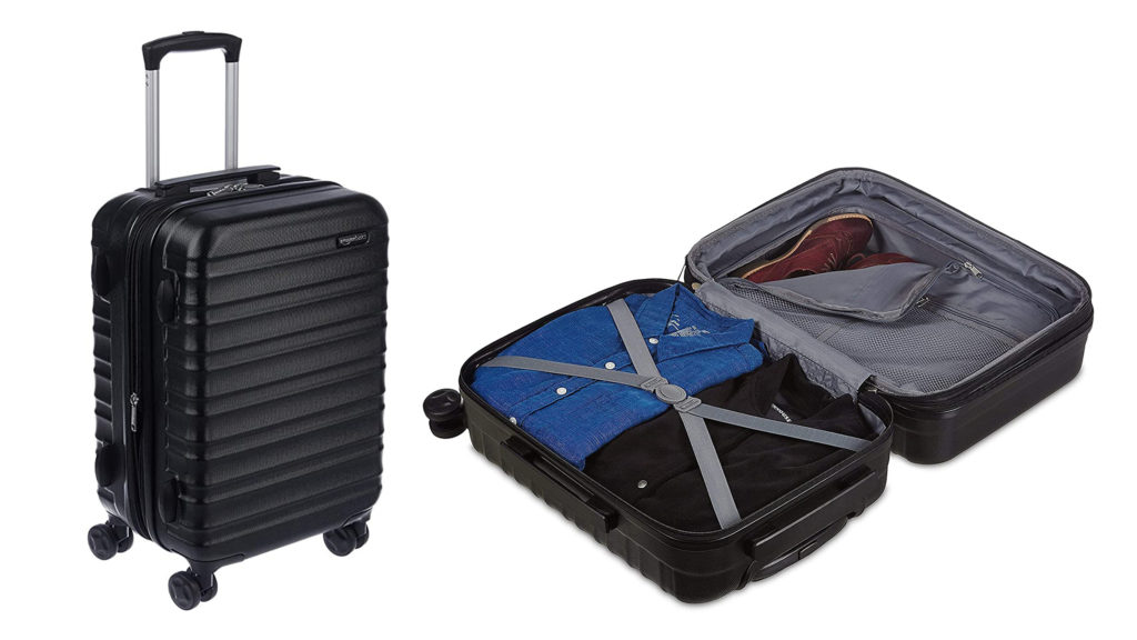 Amazon Basics 21-Inch Hardside Spinner closed and standing (left) and Amazon Basics 21-Inch Hardside Spinner open filled with clothes (right))