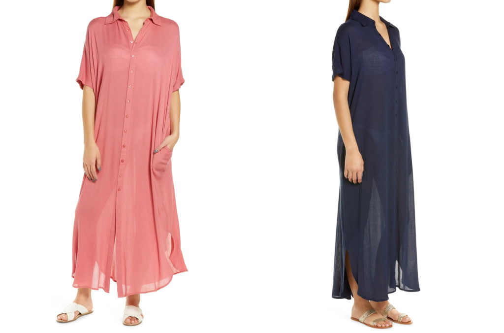 Two views of the Button-Down Maxi Cover-Up dress in light pink and dark blue