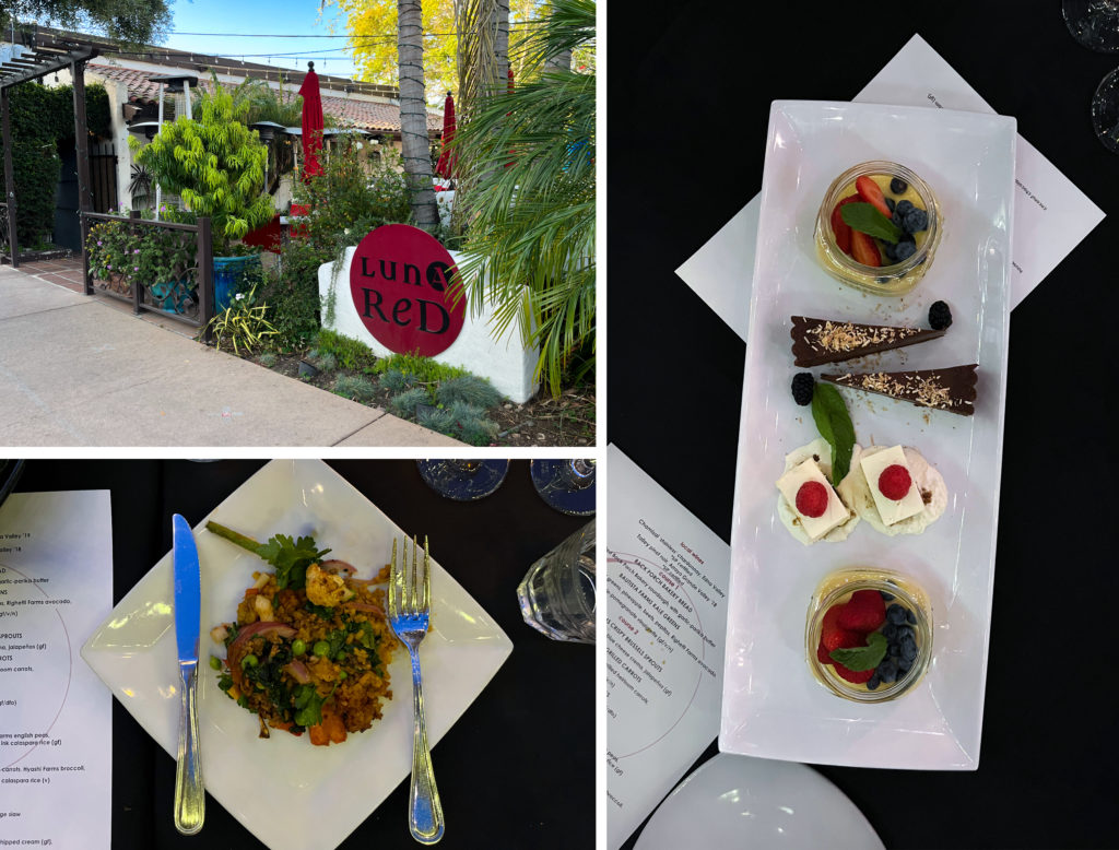 Exterior view of Luna Red in San Luis Obispo, California and two shots of plates (one dinner and one dessert) off the menu