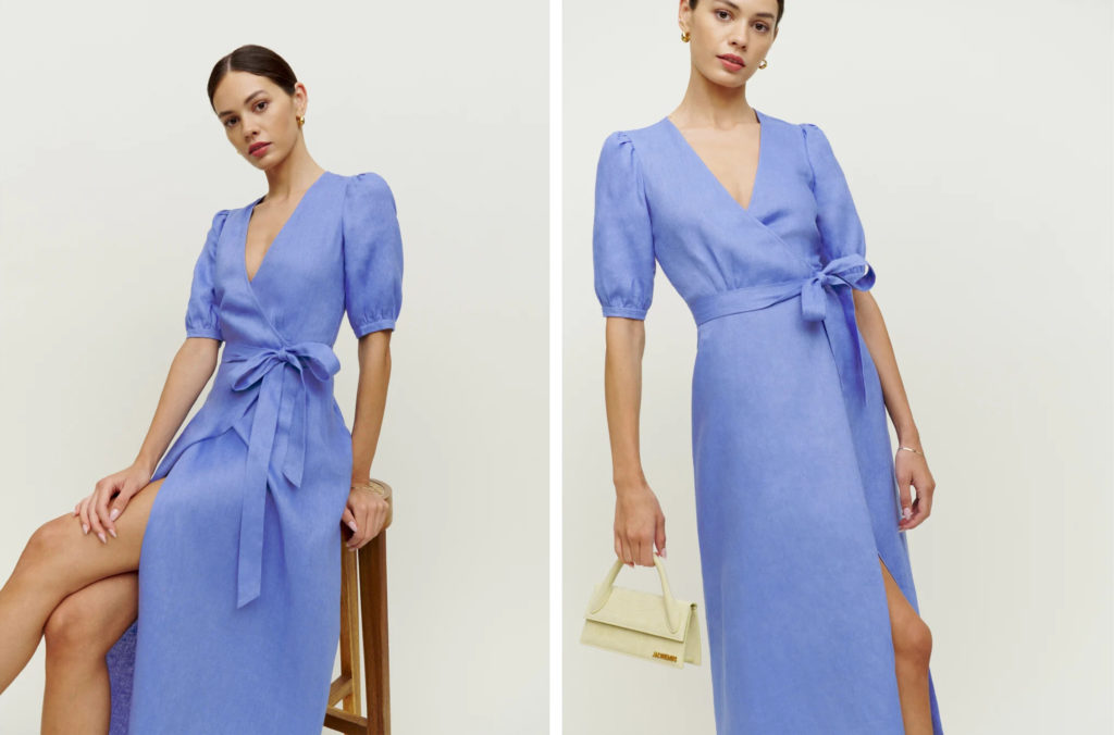 Two views of the Weiss Linen Dress from Reformation in a light blue