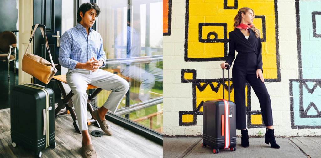 Man sitting next to Roam luggage (left) and woman standing next to her Roam luggage (right)