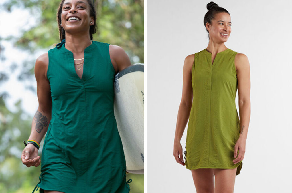 Two views of the Title Nine Tunic Speed Racer dress in a dark green and a light yellow-green