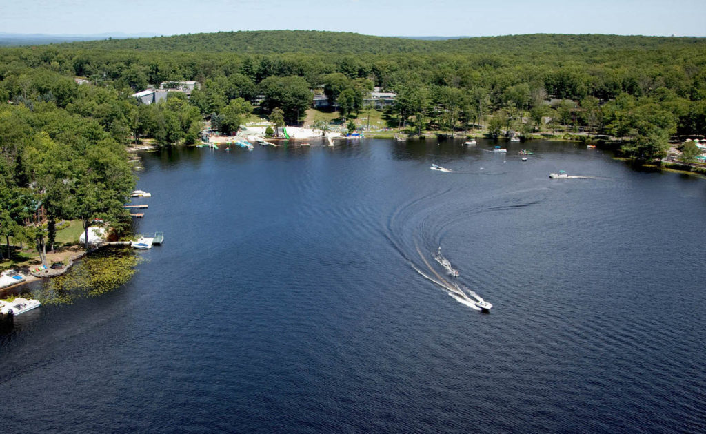 Aerial view of the Woodloch Pines Resort and surrounding lake