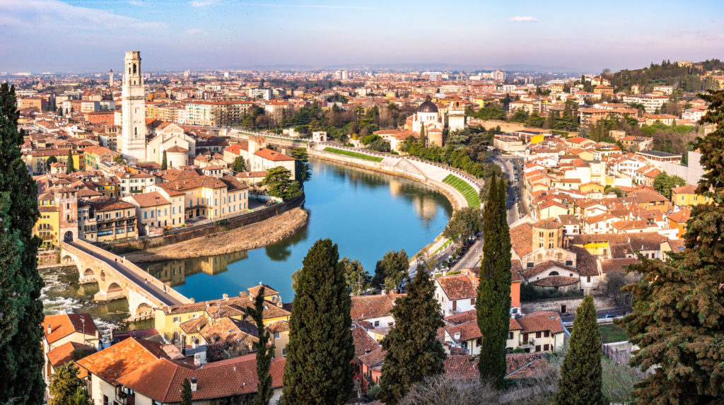 Aerial view of river in Verona, Italy