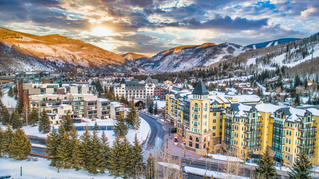 Aerial view of Vail, Colorado and the surrounding mountains