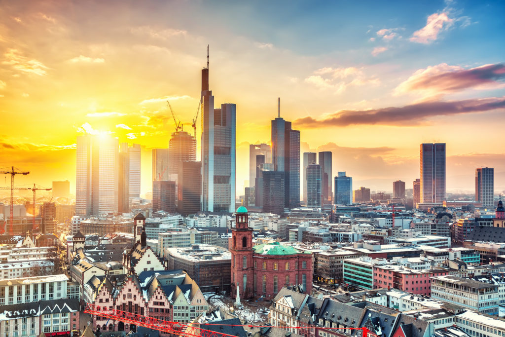 Skyline view of Frankfurt, Germany at sunset