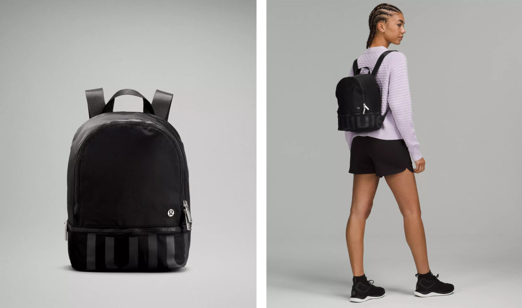 Two views of the lululemon City Adventurer Backpack Mini in the color Black/Graphite Grey