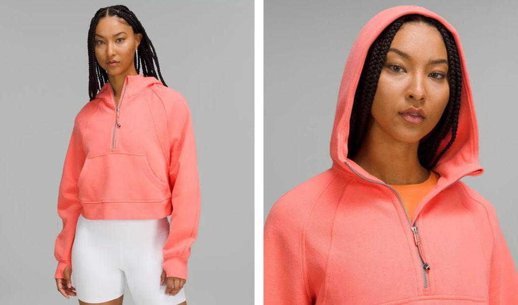 Two views of the lululemon Scuba Oversized Half-Zip Hoodie in the color Raspberry Cream