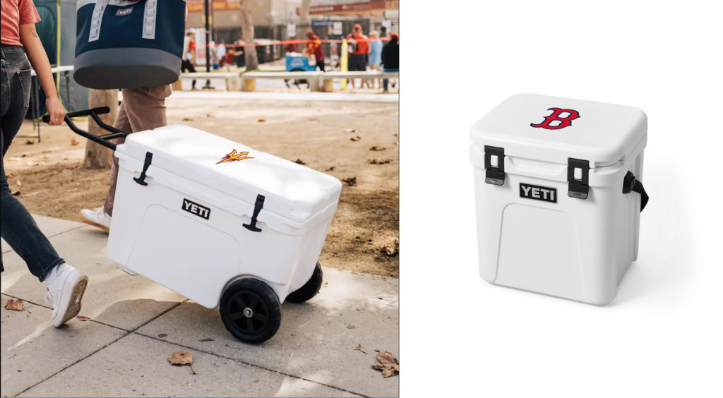 Person pulling a YETI personalized cooler (left) and a YETI Red Sox personalized cooler (right)
