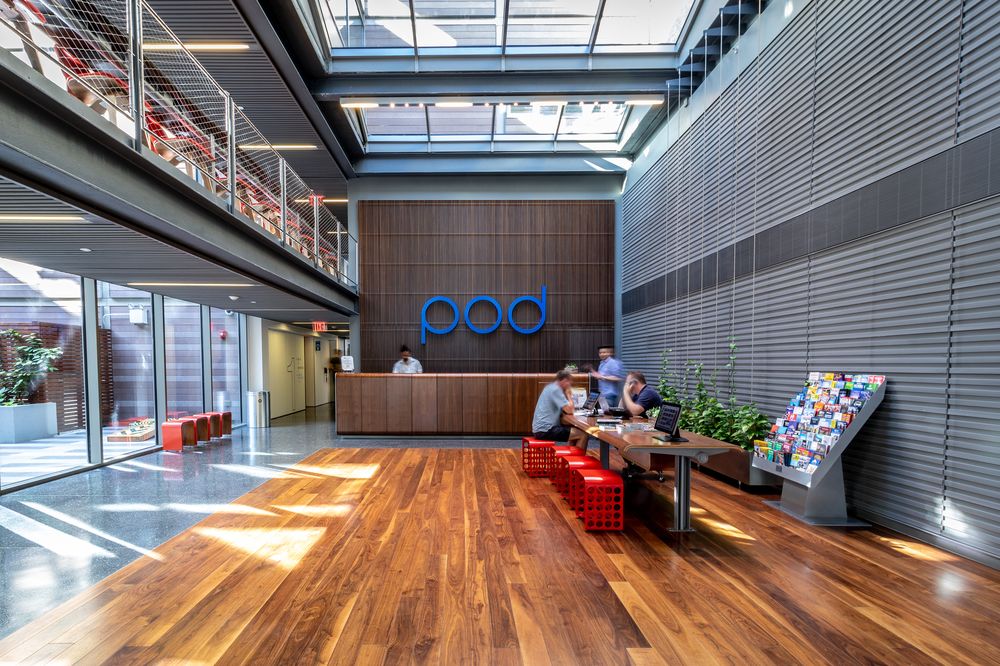 Lobby area of Pod Hotel in Brooklyn, New York City