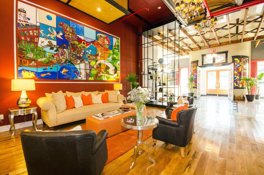 Colorful lobby and lounge area in The Box House Hotel in New York City