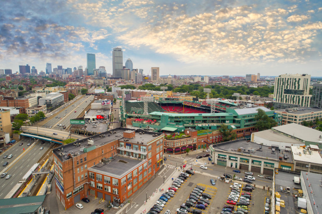 Aerial view of Fenway Park baseball stadium in Boston, Massachusetts