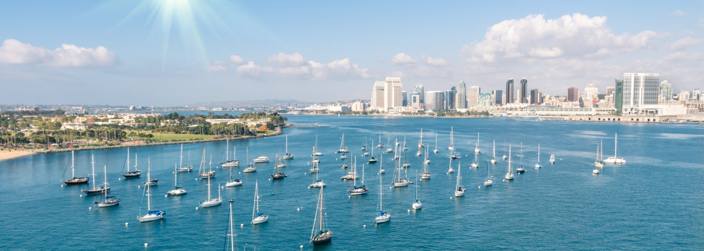 San Diego skyline and waterfront with several boats