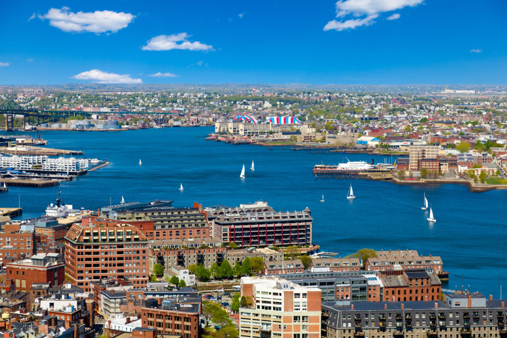 Aerial view of the Boston Harbor and surrounding city in Boston, Massachusetts