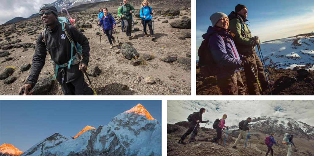 Multiple views of a hiking group summiting Mount Kilimanjaro