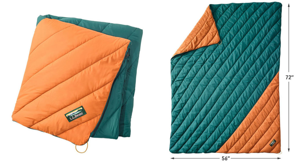 Two views of the L.L Bean Mountain Classic Camp Blanket, one showing its folded up small size (left) and one laid flat and labeled with full dimensions (right)