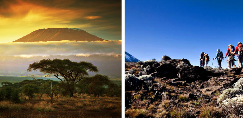 Mount Kilimanjaro at sunset (left) and hiking group climbing Mount Kilimanjaro (right)