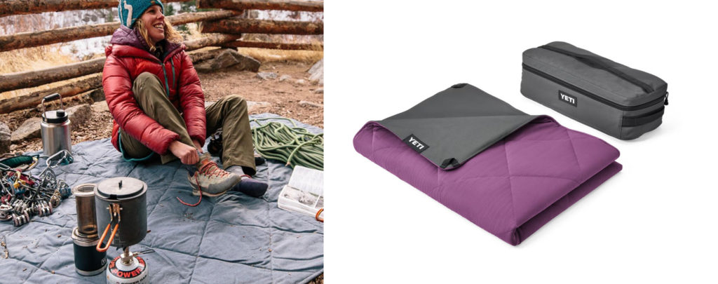 Woman sitting on the Yeti Lowlands® Blanket surrounded by outdoor equipment (left) and the folded version and carrying case of the Yeti Lowlands® Blanket (right)