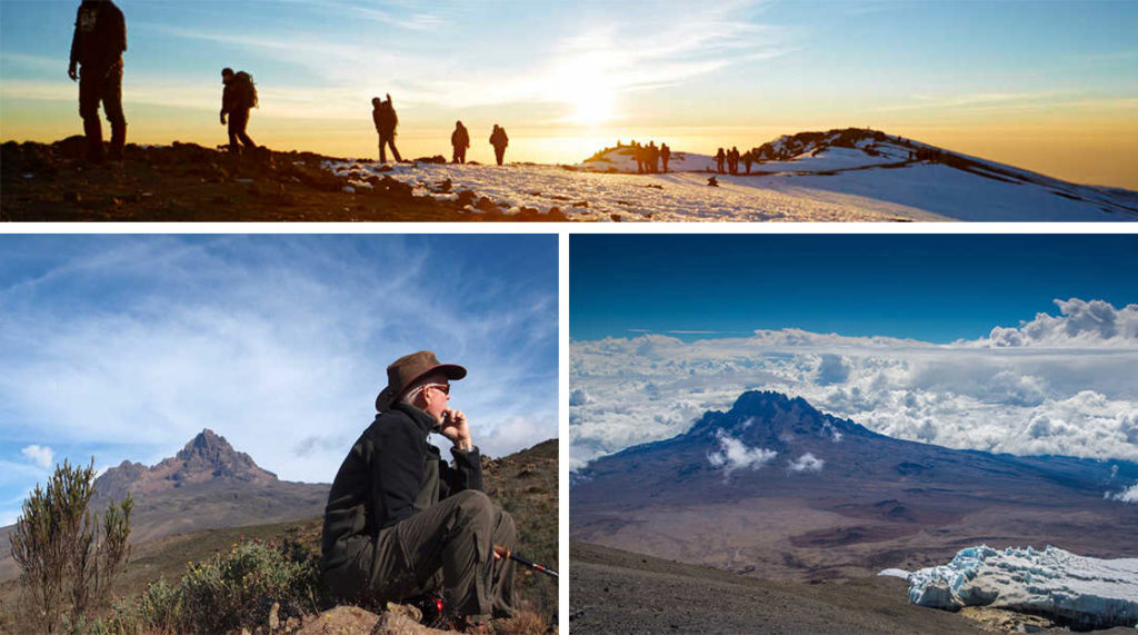 People hiking Mount Kilimanjaro at sunset (top), a man sitting on a rock and looking over the view from Kilimanjaro (bottom left), and a view of the landscape near Kilimanjaro (bottom right)