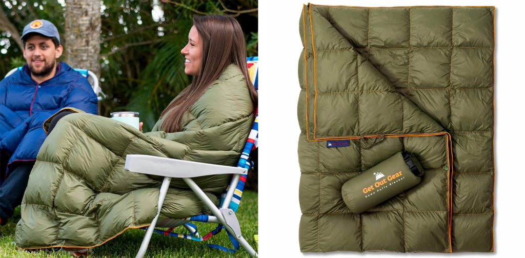 Woman sitting in a lawn chair and wrapped in Get Out Gear Down Puffy Camping Blanket (left) and the Get Out Gear Down Puffy Camping Blanket folded up with its carrying case on top (right)