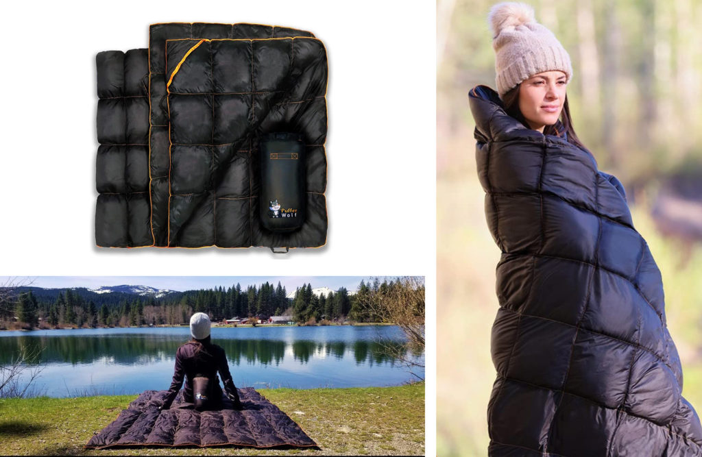 Folded up Puffer Wolf Extra-Large Double Insulated Outdoor Blanket (top left), woman sitting on the Puffer Wolf Extra-Large Double Insulated Outdoor Blanket and looking out on a lake (bottom left), and standing woman wrapped in Puffer Wolf Extra-Large Double Insulated Outdoor Blanket (right)