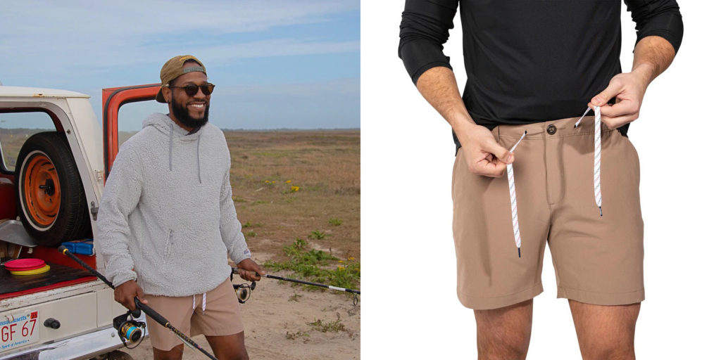 Man wearing Chubbie's everywhere shorts while taking fishing poles out of the back of a Jeep (left) and close up of a different man wearing the shorts (right)