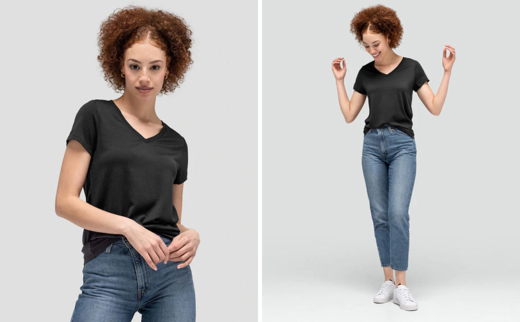 Two views of the same woman wearing a black v-neck t-shirt from Unbound Merino