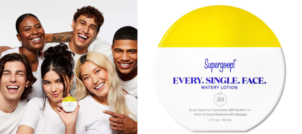 A group of friends laughing and displaying the Supergoop Every Single Face Sunscreen (left) and a close up of the packaging of Supergoop Every Single Face Sunscreen (right)