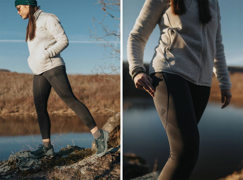 Two images of a woman hiking an outdoor trail by water wearing the LIVSN Design Trail Tights