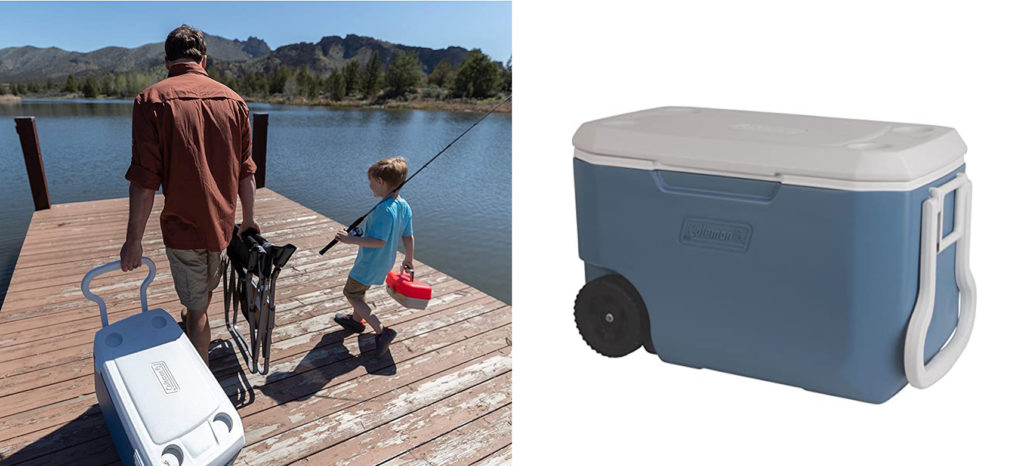Father walking with son on a dock while wheeling the Coleman Rolling Cooler (left) and a close up of the cooler (right)